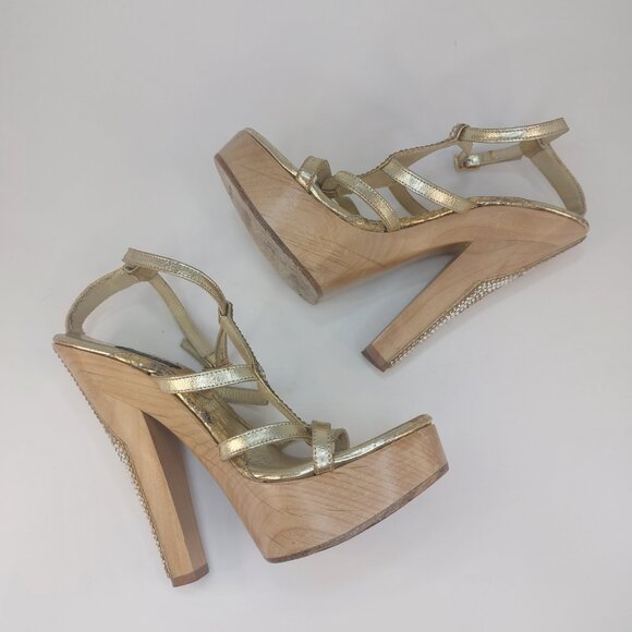 bebe Gold Strappy Rhinestone Platform Heels Size US 6 - Picture 8 of 16